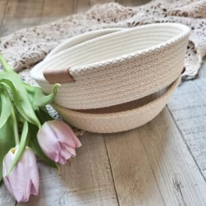 set of 2 cotton rope bowls, small decorative storage bowls, eco-friendly rope bowls for home decor, minimalist storage solutions, cotton rope fruit bowls, natural rope bowls with leather accents, multi-purpose rope bowls for storage, stylish cotton rope organizer bowls, compact storage bowls for countertops, handcrafted eco-friendly bowls