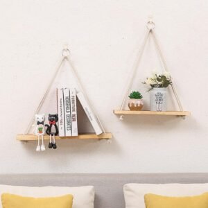 Hanging wooden shelf, macrame floating shelf, boho wall décor, rustic wooden storage, plant display shelf, handmade rope shelf, farmhouse hanging shelf, wall-mounted organizer, minimalist wall décor, eco-friendly wooden shelf