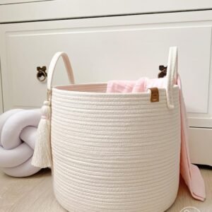 Kids toy storage basket, cotton rope toy basket, nursery storage basket, toy organizer bin, playroom storage solution, soft rope basket for toys, stuffed animal storage, baby essentials organizer, kids' room decor, large toy storage basket, eco-friendly storage bin, durable kids toy organizer.
