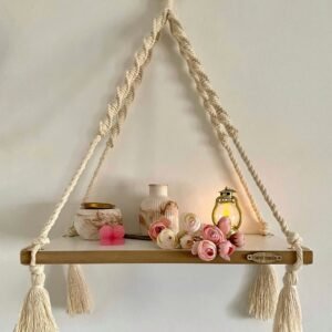 macrame wooden shelf, hanging wall shelf, boho wall decor, 15-inch wooden shelf, floating shelf with rope, handmade macrame shelf, rustic wooden hanging shelf, cotton rope shelf, decorative wall storage, minimalist shelf, plant holder shelf, small space storage solution, macrame home decor, farmhouse wall decor, boho chic furniture