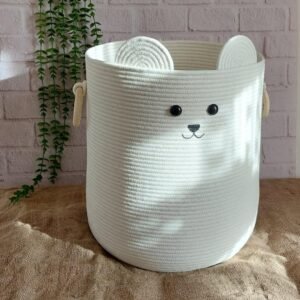 Kids storage basket, bear-shaped laundry basket, toy storage bin, nursery organization basket, woven cotton rope hamper, cute kids laundry hamper, large soft toy basket, stuffed animal storage, kids room organizer, eco-friendly cotton basket, baby shower gift