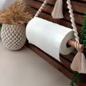 macrame paper towel holder, handmade tissue holder, boho tissue dispenser, hanging toilet paper holder, kitchen roll holder, rustic towel rack, farmhouse tissue holder, wall-mounted tissue holder, boho home accessories, eco-friendly paper towel holder, macrame decor for kitchen, space-saving towel rack