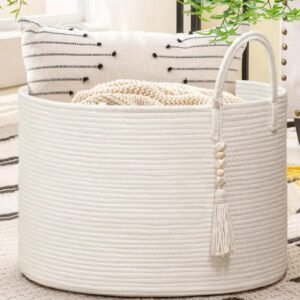 large laundry basket, cotton rope basket, blanket storage bin, toy storage basket, laundry hamper with handles, decorative storage basket, woven rope laundry bin, large multipurpose basket, home organization storage, eco-friendly laundry basket, nursery toy organizer, living room storage bin, cotton rope woven basket, farmhouse storage bin, minimalist laundry hamper, oversized storage basket.