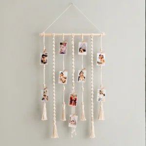 macrame photo hanger macrame wall photo display boho photo display wall decor picture display with tassels cotton rope wall hanger photo organizer with clips handmade photo wall hanging aesthetic photo wall decor boho picture frame alternative