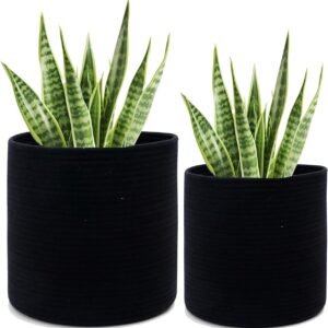 black cotton rope basket, black planter basket, cotton storage basket, indoor plant holder Pakistan, modern rope basket for plants, rope organizer basket, nursery storage basket Pakistan