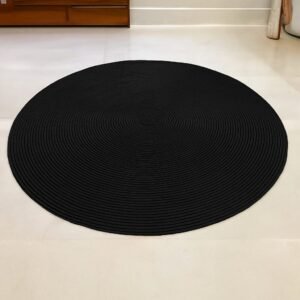 black cotton rope rug Pakistan cotton round rug online Pakistan handmade round rug for living room black circular floor mat Pakistan minimalist cotton rug Pakistan braided cotton rug Pakistan boho style round rug in Pakistan washable cotton rope rug cotton floor mat Pakistan black round rug for living room