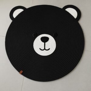bear face rug, black and white bear rug, 3ft animal rug, cotton rope kids rug, round bear rug, toddler play mat, kids room decor rug, bear shaped nursery mat, animal floor rug for kids,