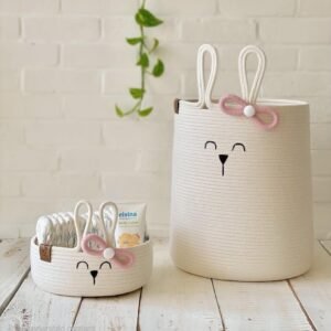 bunny basket for nursery bunny face cotton rope basket baby girl storage basket nursery toy organizer diaper caddy with bunny ears cute nursery decor cotton rope storage bin kids room organizer storage baskets with sizes small medium large