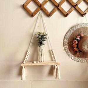 boho wall shelf, wooden bead shelf, 35cm hanging shelf, floating wooden shelf, tassel hanging wall decor, plant shelf boho, natural rope shelf, decorative wall storage, rustic small wall shelf, handmade wall shelf