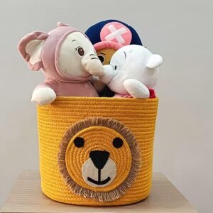 Lion toy basket for kids Animal theme storage basket Light orange cotton toy organizer Kids room toy bin Pakistan Cute rope basket for nursery Toy storage for baby room Round cotton basket with lion face Toy box alternative for children
