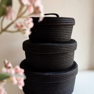 Black rope basket with lid Pakistan Cotton rope storage basket with cover Round organizer box for makeup Multipurpose black storage basket Toy storage basket with lid in Pakistan Cotton rope container bin with lid Daraz baskets black Facebook Marketplace rope baskets Rope storage baskets for bedroom Pakistan