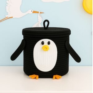 Penguin toy basket for kids Kids toy storage basket with lid Cotton rope basket for nursery Pakistan Cute organizer for baby room Toy baskets online Pakistan Penguin design toy box Daraz toy baskets for kids Baby room decor storage Black and white toy storage box Round storage basket for toddlers