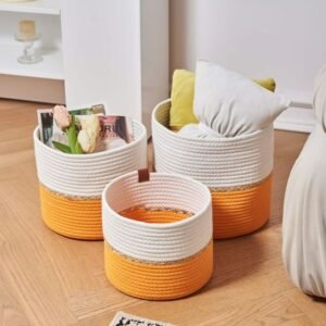 Cotton rope basket Pakistan Toy storage baskets for nursery Decorative laundry baskets Pakistan Cotton basket set for toys Rope storage bins for living room Round baskets with handles Foldable storage baskets online Multi-purpose home organizers Pakistan Kids room organizer baskets Daraz Rope basket with white and orange color