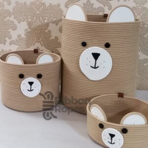 bear basket for nursery, cotton rope storage basket, baby toy organizer, nursery decor Pakistan, kids laundry basket, cute animal storage bin, handmade cotton basket, baby gift basket, rope basket with ears, storage basket for toys