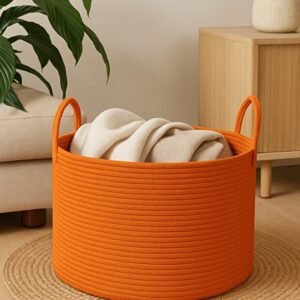 orange storage basket, cotton rope basket, tassel storage bin, toy storage basket, nursery organizer basket, handmade rope basket, laundry basket, modern storage bin, home decor basket, rope basket Pakistan