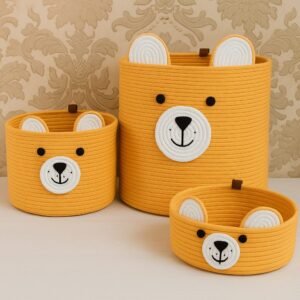 bear storage basket, nursery storage baskets, orange rope basket, kids toy organizer, baby room decor, cotton rope basket Pakistan, foldable laundry basket, cute storage bin, handmade basket for toys, bear face organizer