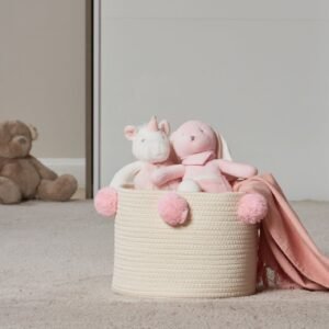 Cotton rope basket with pom poms Nursery toy storage basket Pakistan Handmade kids storage basket Pink pompom toy bin Purple pompom nursery basket Cotton storage basket for baby room Soft organizer for kids room Eco-friendly storage bin for toys