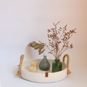 Round cotton rope basket with handles Decorative rope tray Boho jute handle basket Organizer tray for table decor Handmade rope basket for serving